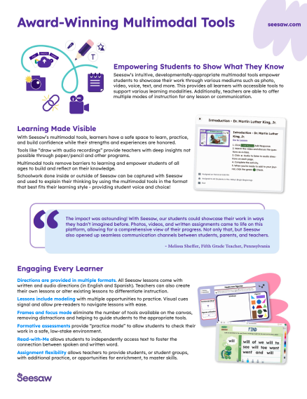 Award-Winning Multimodal Tools Brochure showcasing how Seesaw offers flexibility and personalization